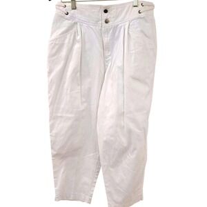 Vintage Chaus Pants Womens 16 White Cotton Pleated Elastic Waist Cropped 90s